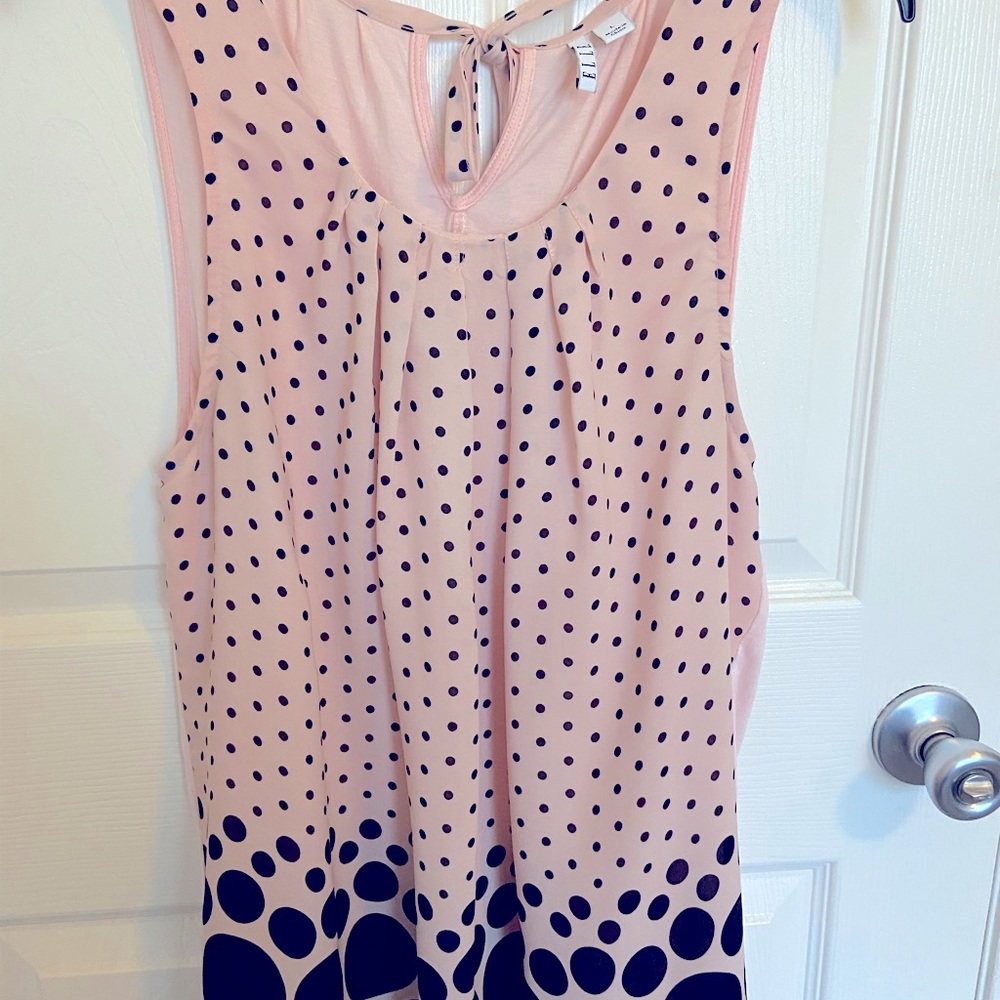 Sleeveless top, pink with black polka-dots.  Large